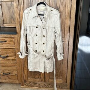 Banana Republic Trench‎ Coat Cream Belted Tortoise Shell Gold Buttons Classic XL